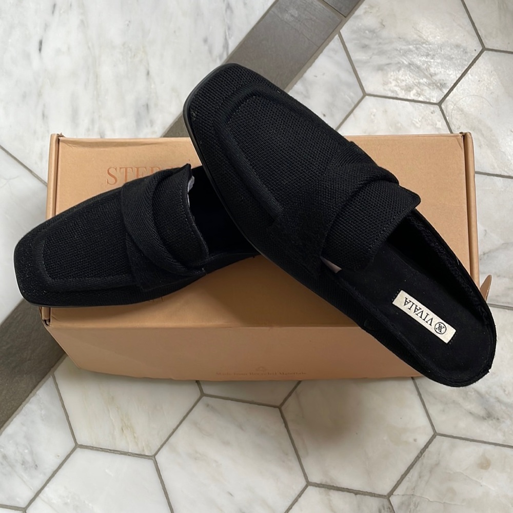 Vivaia black mules. Brand new with box. Made from recycled materials.